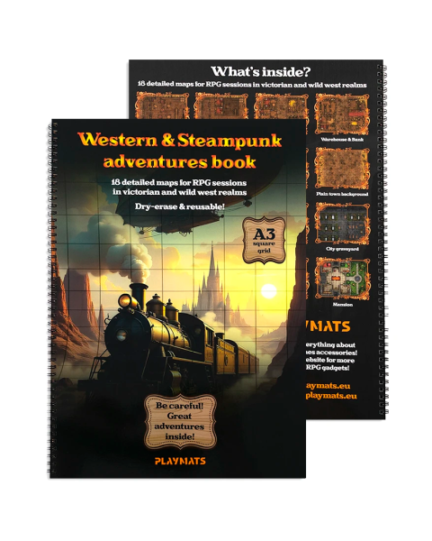 Western & Steampunk RPG Book - 18 A3 dry-erase battle maps for RPG sessions - square grid