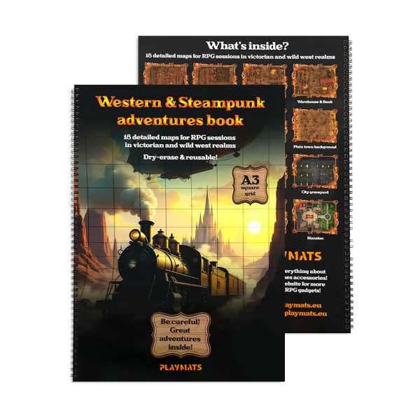 Western & Steampunk RPG Book - 18 A3 dry-erase battle maps for RPG sessions - square grid