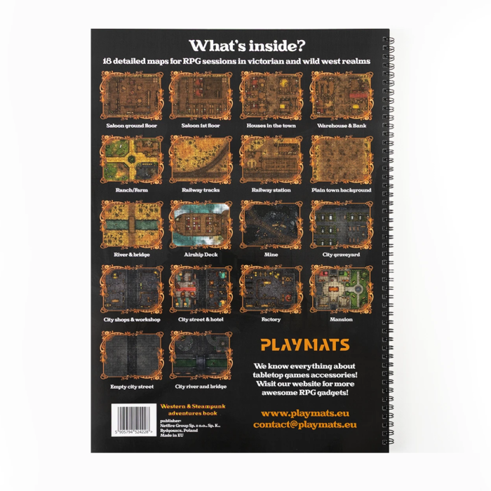 Western & Steampunk RPG Book - 18 A3 dry-erase battle maps for RPG sessions - square grid