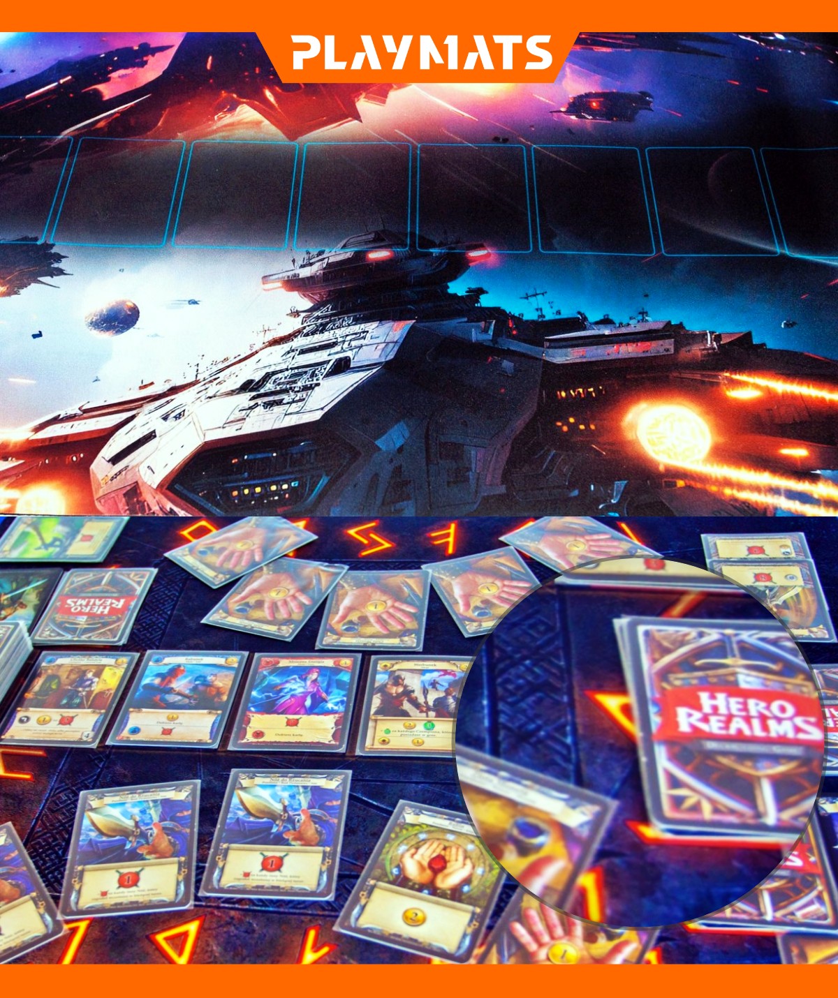 Hero Realms card game battlefield setup and Star Realms Player's Boards