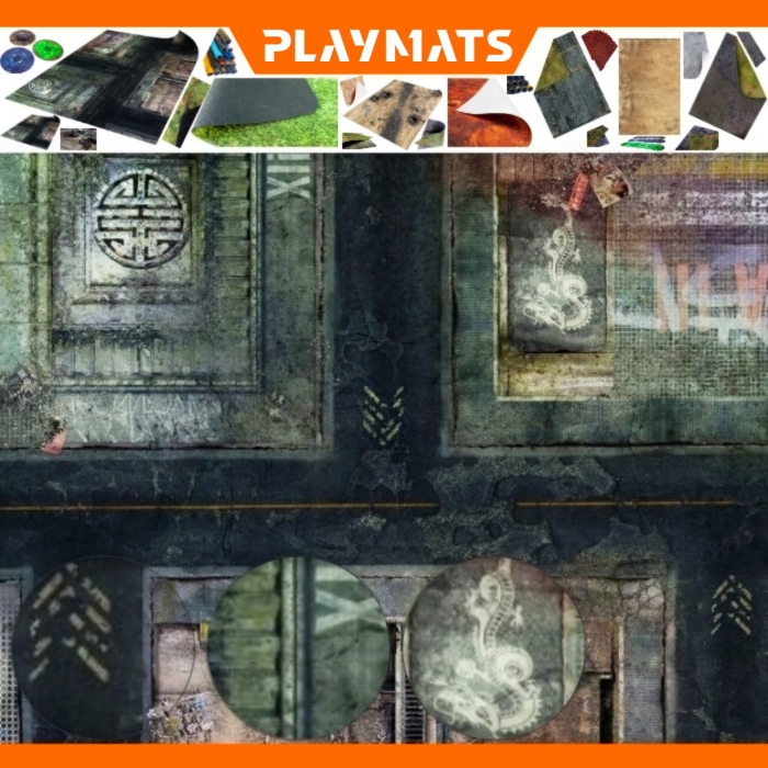 Warhammer 40K gaming mat feat. urban battlefield, zoom on street layouts - Playmats.eu