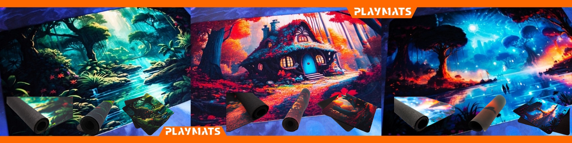 Various MTG playmats with fantasy themes - Cottage, Lake, Jungle 24x14 inches card games mats - Magic The Gathering play mats