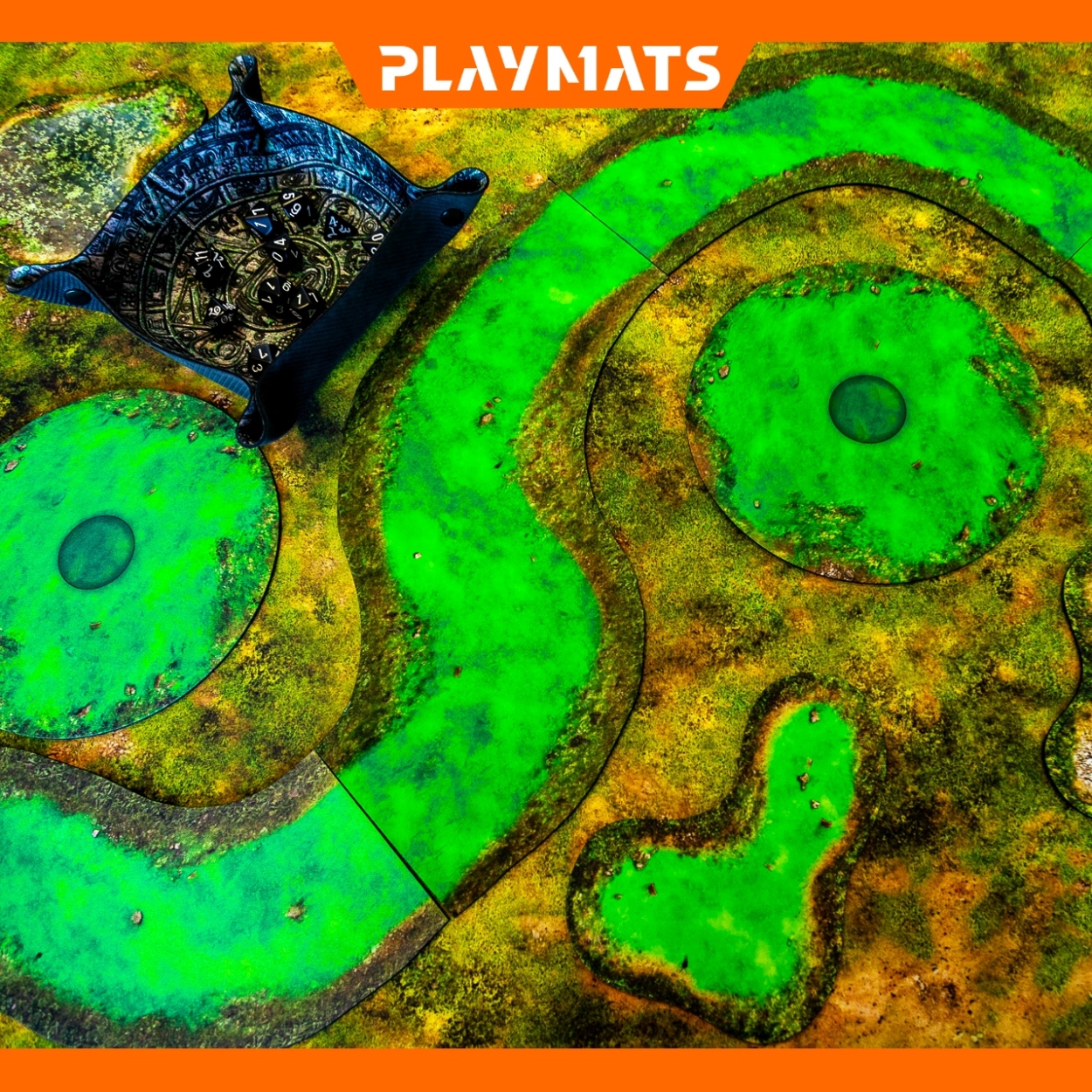 Warhammer 40K gaming mat - toxic 40K zones featuring green and brown hazardous terrain - Playmats.eu